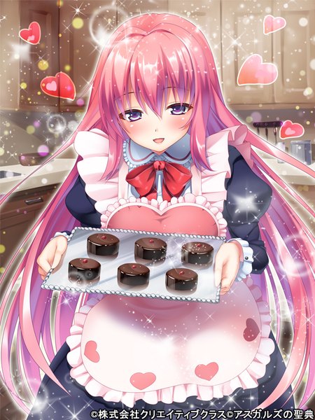 Anime picture 600x800 with asgard no seiten pochadon single long hair tall image looking at viewer blush open mouth blue eyes pink hair heart print girl dress food heart sweets apron chocolate