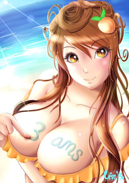 Anime picture 1000x1420 with original artbyvins single long hair tall image breasts light erotic smile brown hair large breasts brown eyes sky sunlight curly hair girl hair ornament hairclip sea