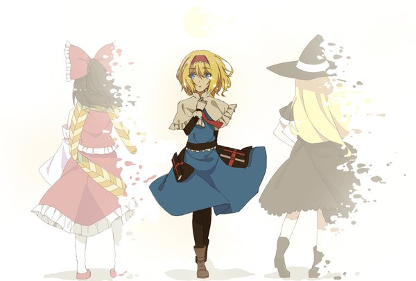 Anime picture 1748x1181 with touhou hakurei reimu kirisame marisa alice margatroid izumi4195202 long hair looking at viewer highres blue eyes blonde hair brown hair standing white background multiple girls from behind tears hand on chest dissolving girl dress
