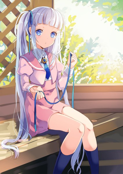 Anime picture 800x1132 with amiami (company) gear-tan yumekui single long hair tall image looking at viewer blush fringe blue eyes sitting holding payot silver hair bent knee (knees) blunt bangs parted lips girl skirt uniform