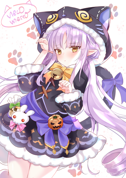 Anime picture 1280x1811 with princess connect! re:dive princess connect! kyouka (princess connect!) neco meito single tall image blush twintails signed yellow eyes purple hair very long hair pointy ears low twintails drill hair halloween paw pose cute paw print animal hood