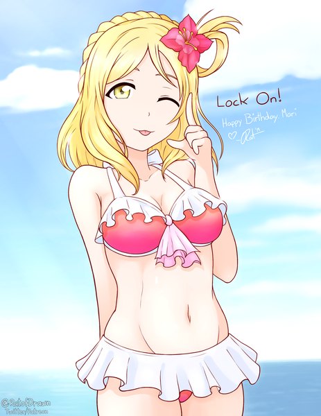 Anime-Bild 2550x3300 mit love live! sunshine!! sunrise (studio) love live! ohara mari ratofdrawn single tall image fringe highres short hair breasts light erotic blonde hair standing signed yellow eyes sky cleavage cloud (clouds) outdoors