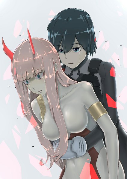 Anime picture 826x1169 with darling in the franxx studio trigger zero two (darling in the franxx) hiro (darling in the franxx) x458132584 long hair tall image blush fringe short hair breasts blue eyes light erotic black hair simple background hair between eyes large breasts green eyes payot pink hair