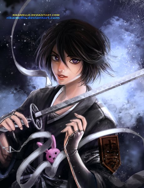 Anime picture 1000x1303 with bleach studio pierrot kuchiki rukia rikamello single tall image short hair black hair purple eyes traditional clothes japanese clothes lips realistic lipstick snowing winter girl ribbon (ribbons) weapon sword