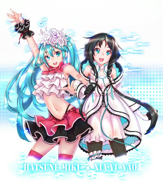 Anime picture 1436x1650 with project diva f 2nd vocaloid utau nisoku hokou (vocaloid) hatsune miku xia yu yao shennai misha long hair tall image looking at viewer open mouth black hair twintails multiple girls braid (braids) hair flower aqua eyes aqua hair bare belly midriff