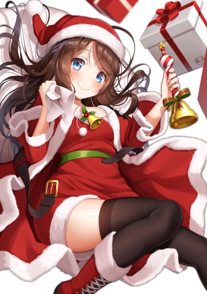 Anime picture 900x1272 with original superpig (wlstjqdla) single long hair tall image blush fringe blue eyes smile brown hair white background blurry fur trim christmas girl thighhighs black thighhighs hat belt fur