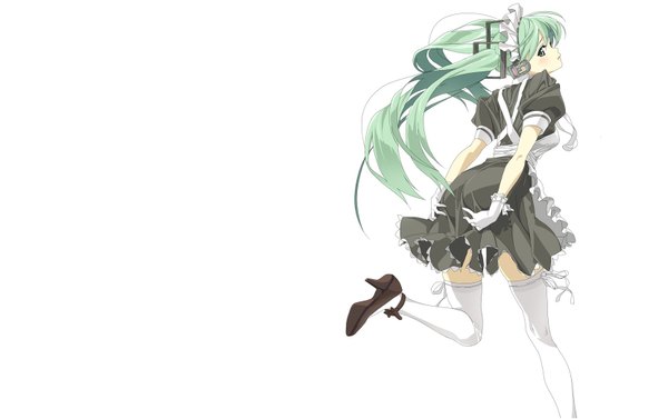 Anime picture 1656x1042 with vocaloid hatsune miku single long hair simple background white background green eyes looking back green hair maid back girl thighhighs gloves white thighhighs headdress headphones maid headdress