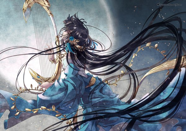 Anime picture 1024x724 with rg veda clamp kendappa-ou gungun (artist) single long hair black hair brown eyes traditional clothes profile wind night sky girl hair ornament moon jewelry full moon harp
