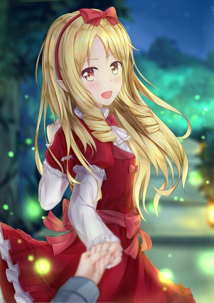 Anime-Bild 848x1200 mit eromanga sensei a-1 pictures yamada elf muwa12 long hair tall image looking at viewer blush fringe open mouth blonde hair smile standing yellow eyes payot upper body outdoors :d wind pointy ears