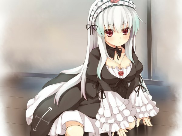 Anime picture 1024x768 with rozen maiden suigintou asa (swallowtail) single long hair looking at viewer blush breasts red eyes white hair lolita fashion cute girl dress frills headdress