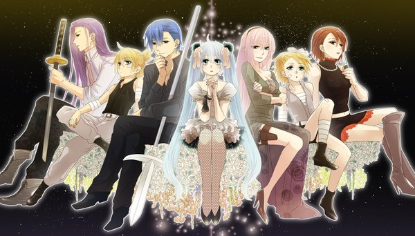 Anime picture 1500x857 with vocaloid hatsune miku megurine luka kagamine rin kagamine len kaito (vocaloid) meiko kamui gakupo long hair short hair blue eyes blonde hair red eyes brown hair wide image twintails multiple girls green eyes blue hair pink hair