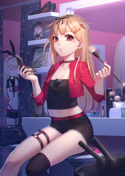 Anime picture 1240x1754 with kantai collection shimakaze destroyer rensouhou-chan yuudachi destroyer daye bie qia lian long hair tall image looking at viewer blonde hair smile red eyes standing sitting multiple girls holding brown eyes indoors nail polish parted lips pleated skirt