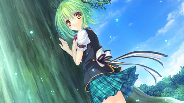 Anime picture 1280x720 with magicalic sky high charlles faltesia mikagami mamizu blush short hair wide image yellow eyes game cg green hair girl skirt uniform ribbon (ribbons) plant (plants) hair ribbon school uniform tree (trees)