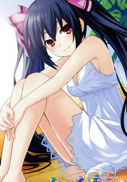 Anime picture 4877x6950 with choujigen game neptune kami jigen game neptune v noire tsunako single tall image looking at viewer blush fringe highres breasts light erotic black hair hair between eyes red eyes twintails signed absurdres cleavage bent knee (knees)