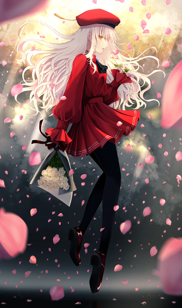 Anime picture 3604x6117 with fate (series) fate/grand order caren hortensia caren hortensia (amor caren) tobi (pixiv41237754) single long hair tall image looking at viewer fringe highres open mouth holding yellow eyes payot absurdres silver hair cloud (clouds) full body long sleeves