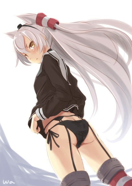 Anime picture 868x1223 with kantai collection amatsukaze destroyer wa (genryusui) single long hair tall image looking at viewer blush light erotic signed yellow eyes silver hair ass two side up turning head girl thighhighs skirt hair ornament underwear