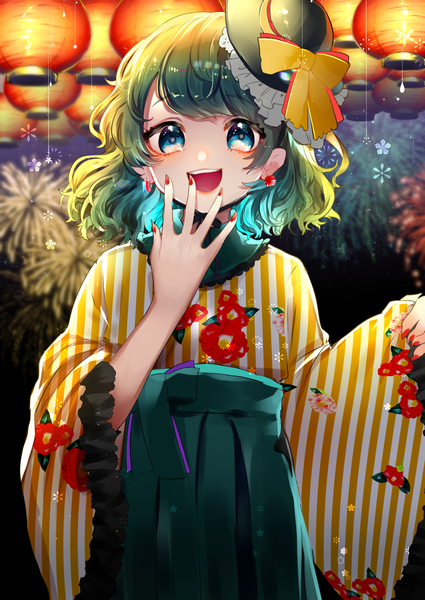 Anime picture 2149x3035 with touhou komeiji koishi suzune hapinesu single tall image looking at viewer blush fringe highres short hair open mouth blue eyes smile standing long sleeves nail polish traditional clothes :d japanese clothes arm up