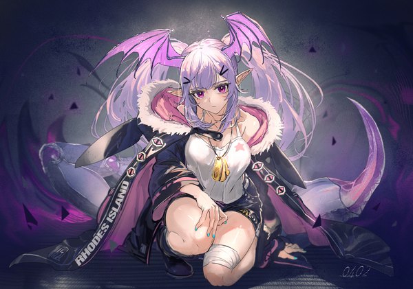 Anime picture 1440x1010 with arknights manticore (arknights) ryuuzaki ichi single long hair purple eyes twintails payot purple hair tail nail polish animal tail pointy ears arm support open jacket bare legs dated head wings star print scorpion tail