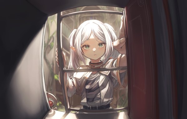 Anime picture 2824x1805 with sousou no frieren frieren koongsim single long hair looking at viewer highres twintails green eyes silver hair pointy ears elf girl book (books) library ladder