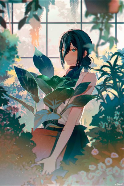 Anime picture 1673x2500 with chainsaw man mappa reze (chainsaw man) champi single tall image blush fringe short hair black hair smile hair between eyes holding aqua eyes hair bun (hair buns) sleeveless girl plant (plants) potted plant greenhouse