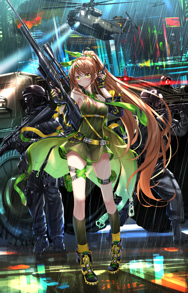 Anime picture 1157x1808 with original swordsouls tall image looking at viewer blush fringe breasts light erotic smile brown hair holding green eyes cleavage full body ponytail very long hair off shoulder open clothes open jacket multiple boys