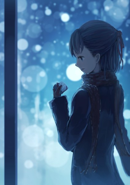 Аниме картинка 846x1200 с оригинальное изображение kami (yoshipt0716) один (одна) высокое изображение короткие волосы чёрные волосы профиль чёрные глаза девушка шарф пальто подарок