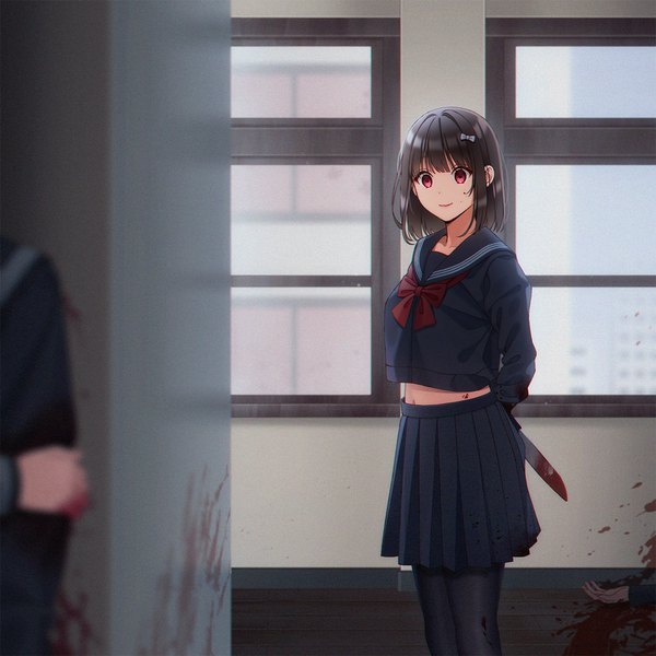 Anime picture 1230x1230 with original unjem fringe short hair black hair red eyes standing looking away indoors blunt bangs pleated skirt blurry midriff solo focus hands behind back blood on face holding arm bloody clothes blood stains bloody weapon