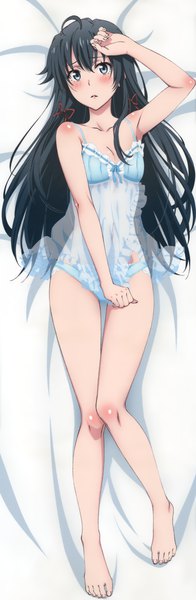 Anime picture 2225x6785 with yahari ore no seishun love comedy wa machigatteiru. brains base (studio) yukinoshita yukino tanaka yuuichi single long hair tall image looking at viewer blush highres blue eyes light erotic black hair full body ahoge barefoot bare legs underwear only hand on head dakimakura (medium)