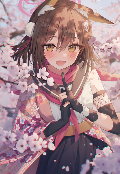 Anime picture 1500x2173 with blue archive izuna (blue archive) kuro futoshi single tall image looking at viewer blush fringe short hair open mouth hair between eyes brown hair brown eyes animal ears :d cherry blossoms spring girl gloves uniform