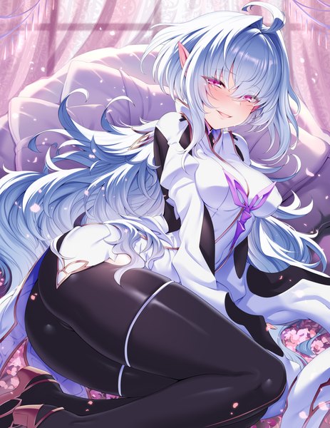 Anime picture 3129x4056 with fate (series) fate/grand order fate/prototype merlin (fate/prototype) mdastarou single long hair tall image looking at viewer fringe highres breasts open mouth light erotic smile hair between eyes absurdres silver hair ahoge ass