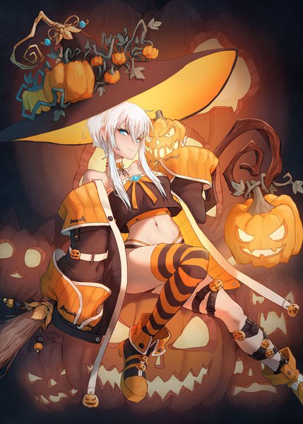 Anime picture 1430x2000 with original dr.beeeee single tall image looking at viewer fringe short hair blue eyes light erotic hair between eyes sitting white hair halloween girl thighhighs navel hat witch hat striped thighhighs single thighhigh