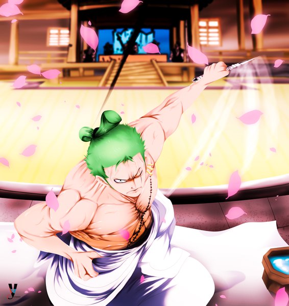 Anime picture 3819x4048 with one piece toei animation roronoa zoro yameta studio single tall image looking at viewer highres short hair standing holding signed absurdres outdoors traditional clothes japanese clothes one eye closed green hair from above black eyes