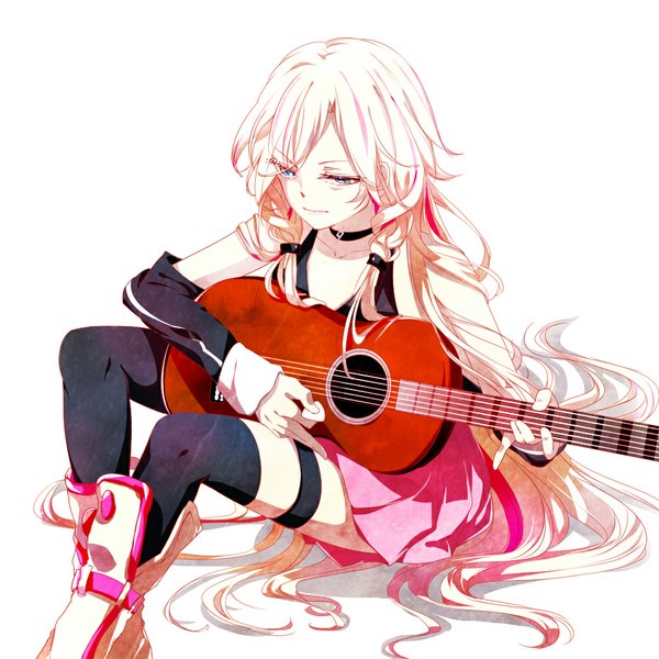 Anime picture 1000x1000 with vocaloid ia (vocaloid) 2 alice 2 single long hair looking at viewer blush blue eyes simple background white background sitting bare shoulders pink hair braid (braids) twin braids girl thighhighs skirt black thighhighs detached sleeves