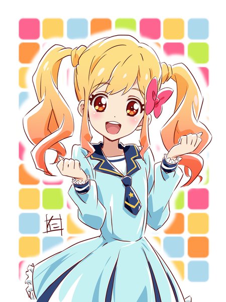 Anime picture 1536x2046 with aikatsu! aikatsu stars! nijino yume nii manabu single long hair tall image looking at viewer blush open mouth blonde hair twintails signed payot head tilt girl uniform bow hair bow school uniform