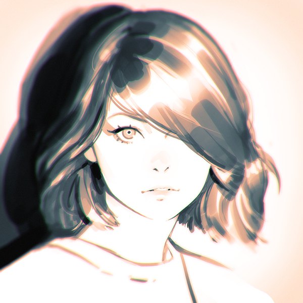 Anime picture 1080x1080 with original ilya kuvshinov single looking at viewer fringe short hair simple background parted lips hair over one eye shadow monochrome portrait girl