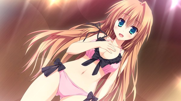 Anime picture 1280x720 with koishiki manual ichinose himeno saeki nao long hair looking at viewer blush breasts open mouth light erotic smile brown hair wide image large breasts bare shoulders game cg cleavage aqua eyes bare belly underwear only hand on chest