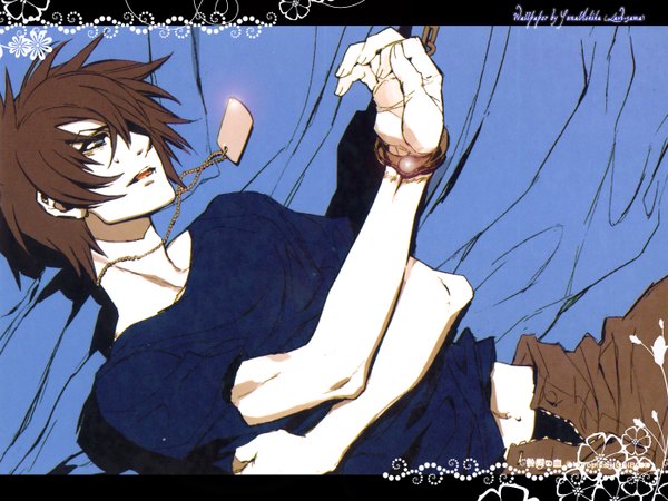 Anime picture 1400x1050 with togainu no chi nitro+chiral akira (tnc) single short hair open mouth blue eyes brown hair lying boy navel chain t-shirt handcuffs locket