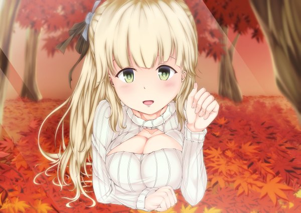 Anime picture 4961x3508 with azur lane aurora (azur lane) to-siro single long hair looking at viewer blush fringe highres breasts open mouth light erotic blonde hair large breasts green eyes payot absurdres upper body outdoors lying