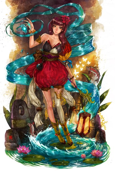 Anime picture 1063x1580 with original manusia-no-31 single long hair tall image brown hair bare shoulders signed nail polish hair flower orange eyes magic girl thighhighs hair ornament flower (flowers) plant (plants) water bracelet insect