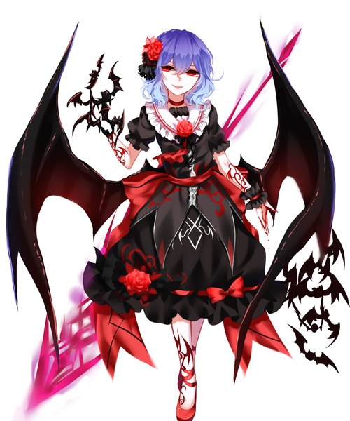 Anime picture 2000x2400 with touhou remilia scarlet sheya single tall image fringe highres short hair simple background smile hair between eyes red eyes standing white background blue hair full body hair flower short sleeves tattoo puffy sleeves