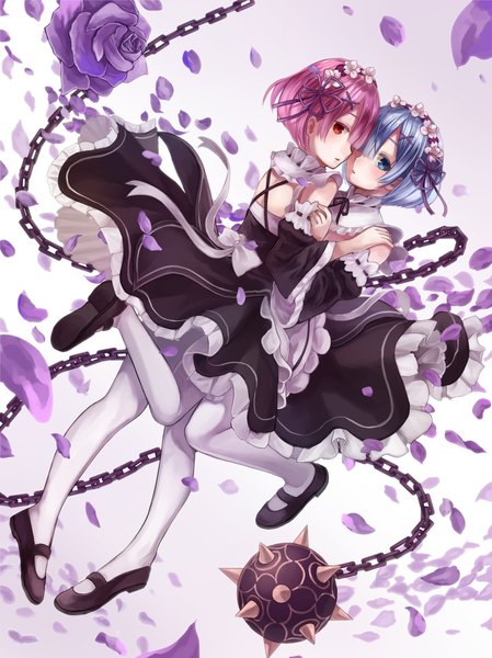 Anime picture 1433x1914 with re:zero kara hajimeru isekai seikatsu white fox rem (re:zero) ram (re:zero) kuune (muttey-myg) tall image looking at viewer fringe short hair blue eyes multiple girls blue hair pink hair full body pink eyes hair over one eye maid siblings twins sisters