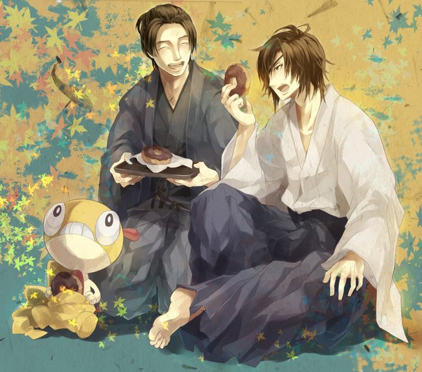 Anime picture 2175x1920 with pokemon sengoku basara nintendo production i.g date masamune scraggy jin (jdrama) minakata jin janis (hainegom) highres open mouth brown hair sitting eyes closed traditional clothes barefoot crossover gen 5 pokemon boy animal