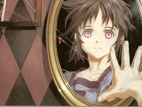 Anime picture 1024x768 with key the metal idol studio pierrot mima tokiko tagme (artist) single looking at viewer fringe short hair brown hair pink eyes outstretched arm reflection pov rhombus female pov crack empty picture frame girl blood mirror