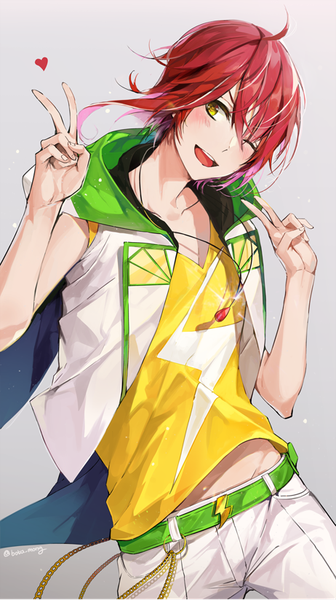 Anime picture 462x823 with ensemble stars! sakasaki natsume bosack single tall image looking at viewer blush fringe short hair open mouth simple background hair between eyes signed yellow eyes ahoge red hair one eye closed wink twitter username gradient background