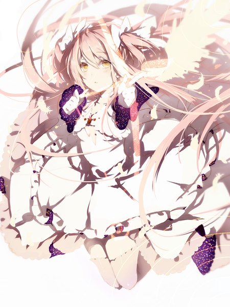 Anime picture 1200x1600 with mahou shoujo madoka magica shaft (studio) kaname madoka goddess madoka pudding (8008208820) single tall image looking at viewer simple background white background twintails yellow eyes pink hair very long hair flying space magical girl girl dress gloves