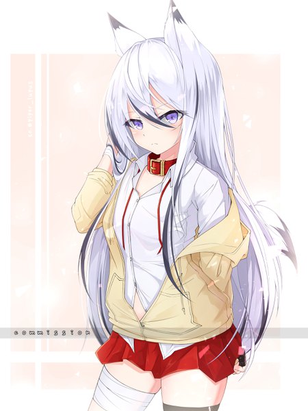 Anime picture 2100x2800 with original yeosi single long hair tall image looking at viewer blush fringe highres simple background hair between eyes standing purple eyes holding animal ears silver hair tail animal tail pleated skirt multicolored hair