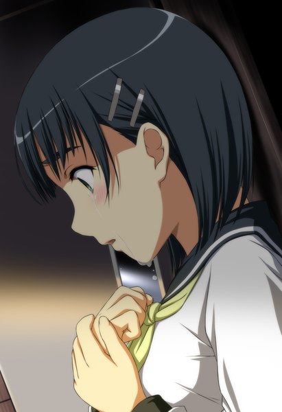 Anime picture 554x807 with sword art online a-1 pictures kirigaya suguha nori tamago single tall image blush short hair open mouth black hair green eyes profile tears close-up crying girl uniform school uniform hairclip