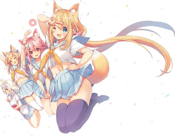 Anime picture 2000x1554 with virtual youtuber mofumofu channel amamiya mei cynthia riddle amamiya aki milia leclerc p19 long hair highres breasts blue eyes light erotic blonde hair red eyes large breasts white background twintails multiple girls animal ears pink hair