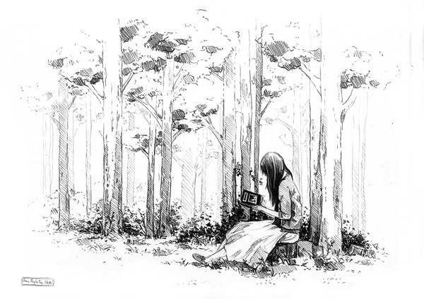 Anime picture 2008x1420 with dzun single long hair highres black hair sitting holding inscription shadow monochrome twisty sleeves reading girl skirt plant (plants) tree (trees) book (books) forest long skirt