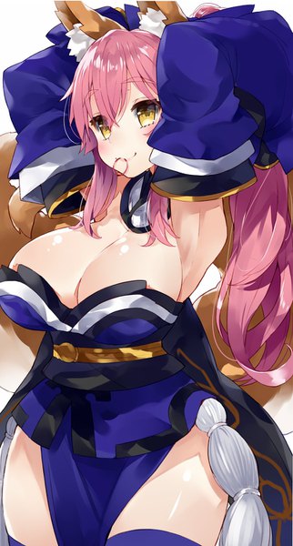 Anime picture 806x1500 with fate (series) fate/grand order fate/extra tamamo (fate) (all) tamamo no mae (fate) kou mashiro single long hair tall image blush fringe breasts light erotic simple background smile hair between eyes large breasts white background holding animal ears